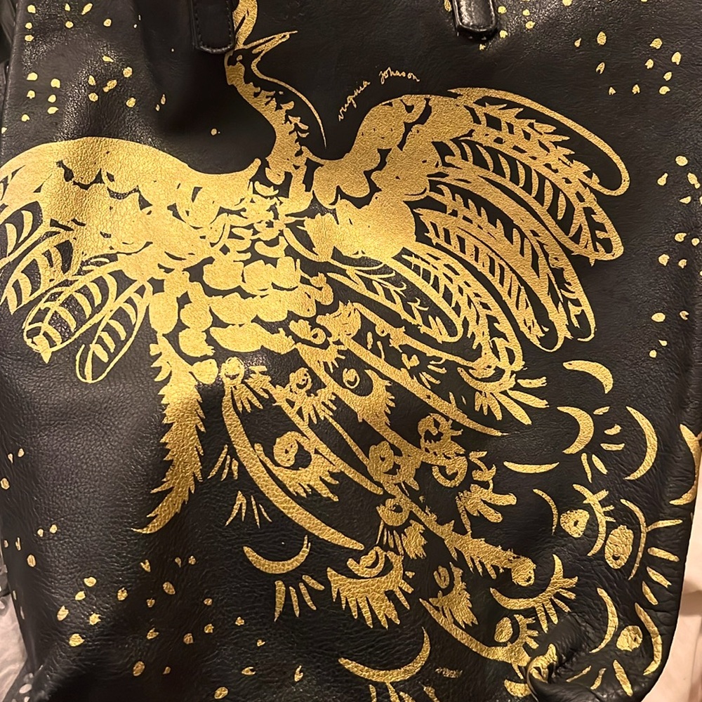 Baggu Black Leather Unlined Tote Bag Virginia Johnson Collab Gold Phoenix